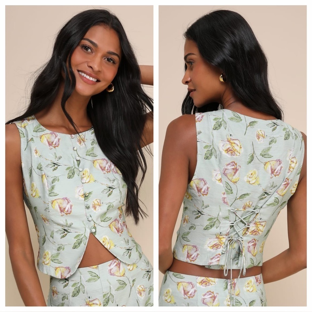 Lulus Noticeably Perfect Sage Green Floral Button-Up Lace-Up Tank Top